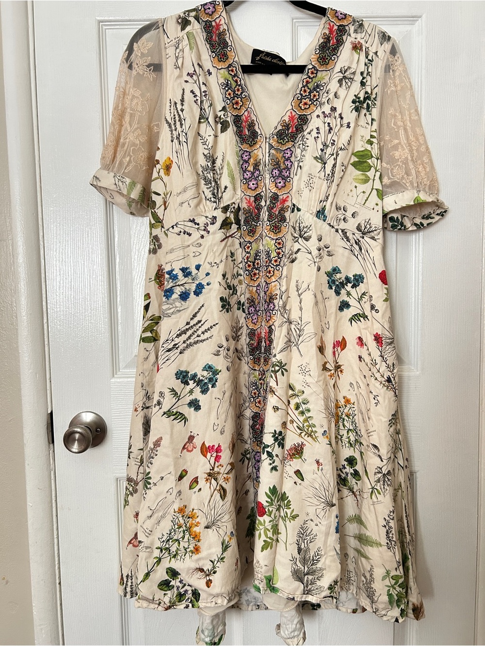 Anthropologie Cream Midi Dress with Multicolor Floral Embroidery